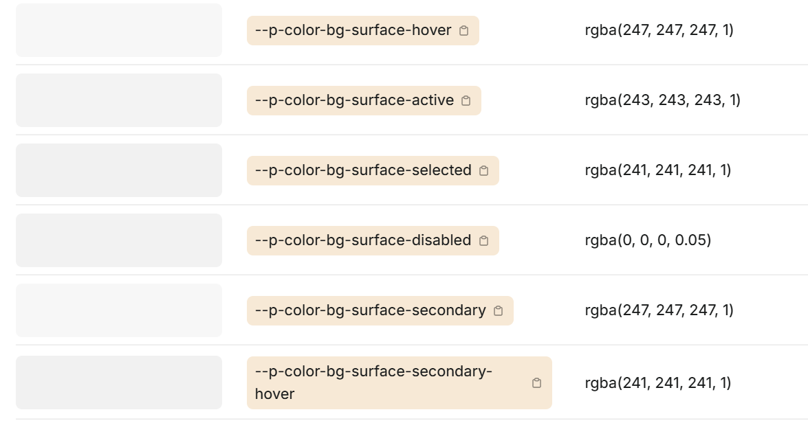 A table of very similar grays assigned different color tokens like "--p-color-bg-surface-active"