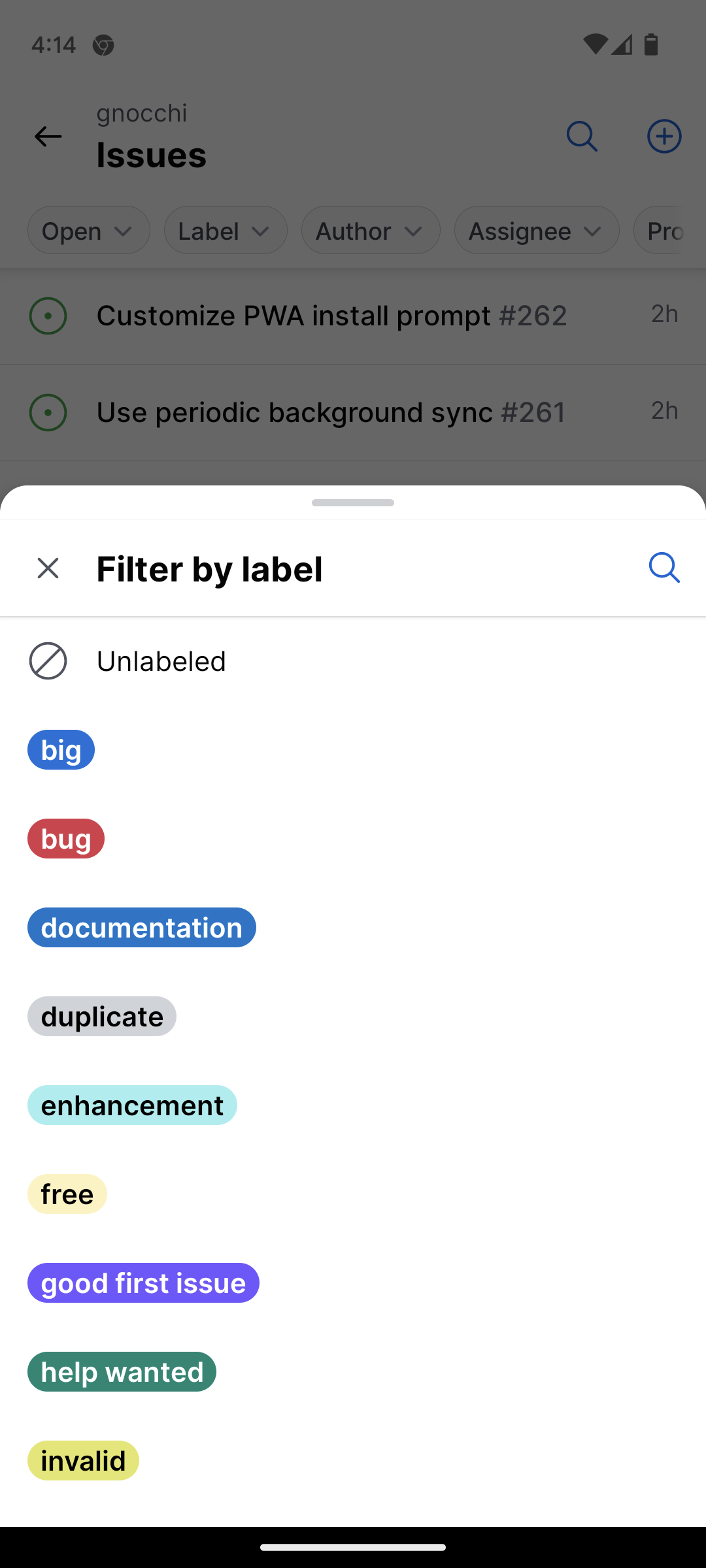 A screenshot of a sheet with a filtered list of labels in the GitHub app
