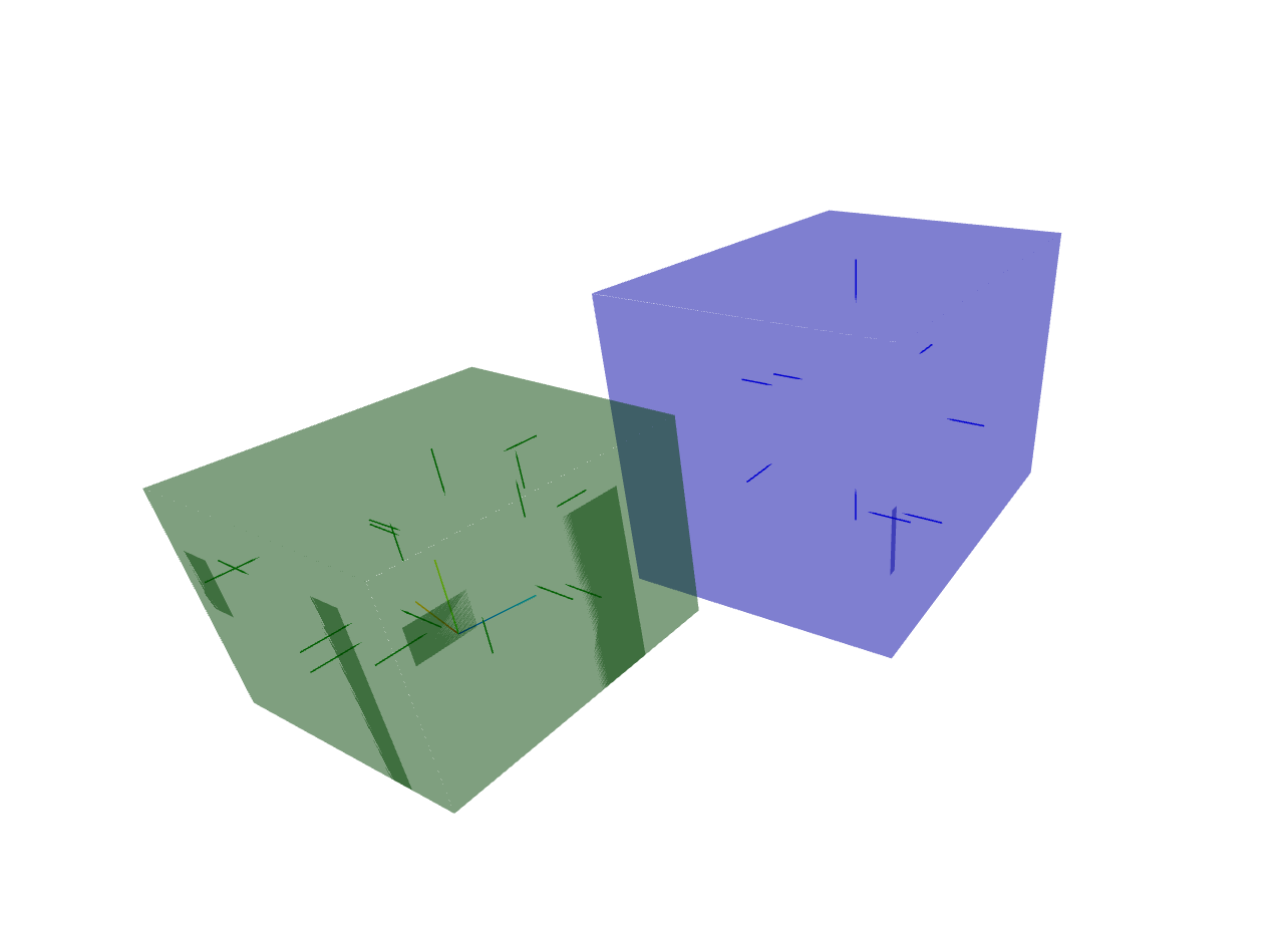 Two virtual rooms, one colored green and the other blue