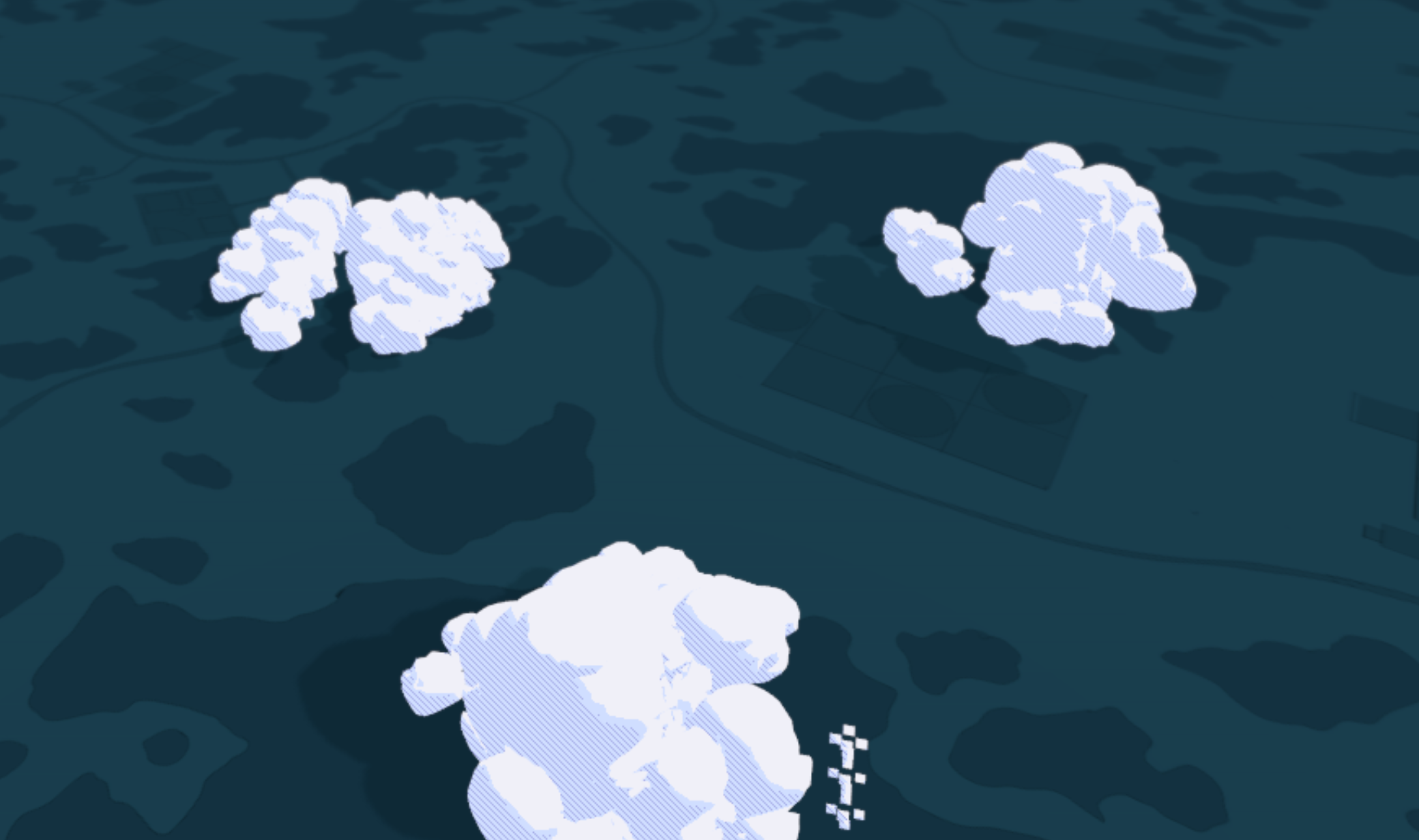 A 3D cloudscape seen from above, with big white clouds hovering over a patchwork green field