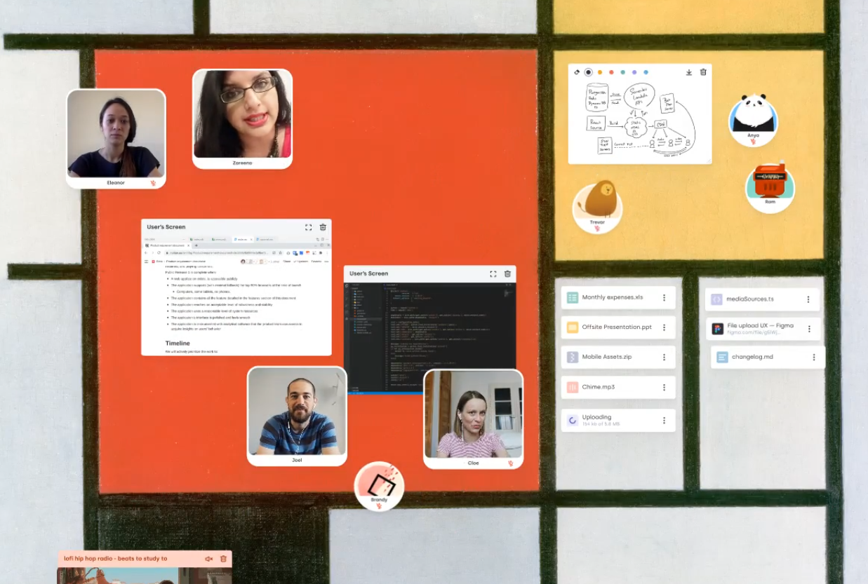 A 2d canvas space with little floating video feeds and avatars, screen shares, and files dropped on it