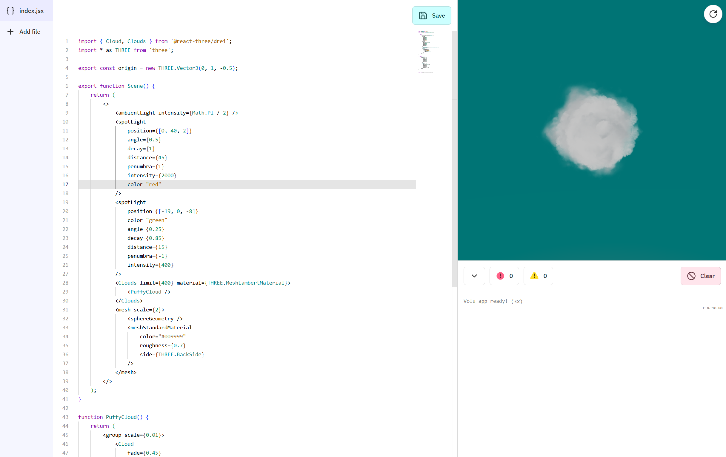 A code editor with a preview window showing a 3D cloud model
